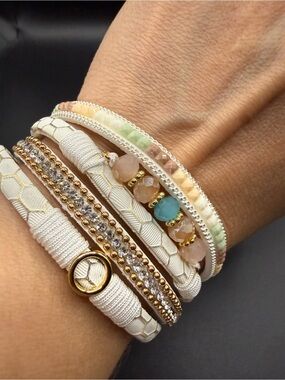 NWT Rhinestone Beaded Multi-Layer Boho Bracelet White Leather Stacking Bracelet